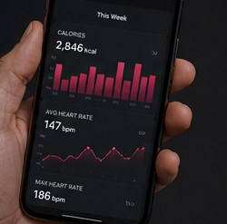 TakeBeat app showing calories and heart-rate stats